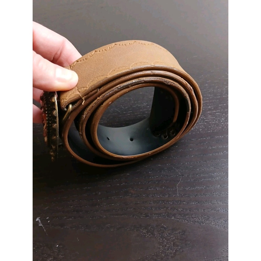 Vintage Goldtone Belt Buckle With‎ Mosaic Stone Inlay Brown Belt M/L 32-34 #1538 - Picture 4 of 11